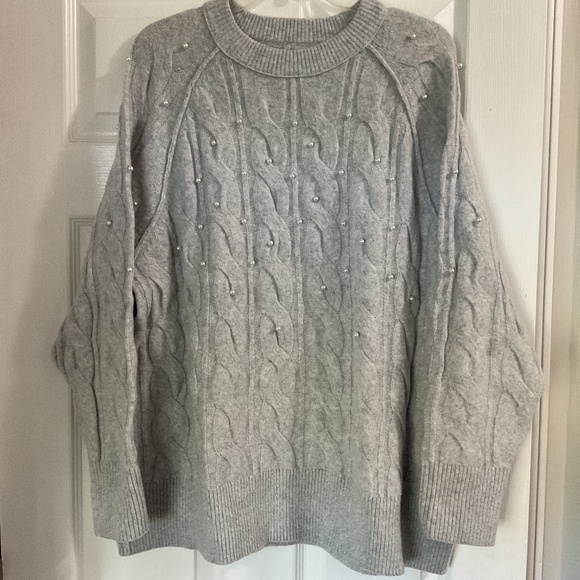 Aerie Gray Cable Knit Oversized Crewneck Sweater with Pearl Detailing, Medium - Picture 1 of 3